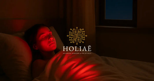 Femme au lit sous une couette, lumière LED rouge sur le visage, chambre minimaliste avec vue sur la lune
