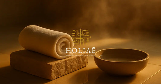 Scène de spa avec serviette blanche roulée sur pierre minérale, éclairée par une lumière dorée chaude, ambiance apaisante évoquant l’équilibre cutané.