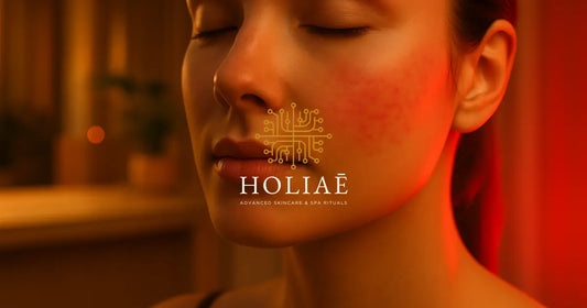 Peau réactive sous lumière LED rouge, gros plan visage femme apaisée