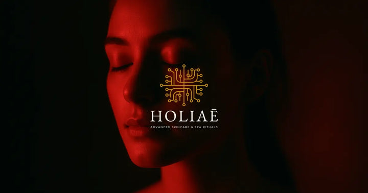 Portrait poétique d'une femme aux yeux fermés, éclairée par une lumière LED rouge douce dans l’obscurité, illustrant le calme et la subtilité d’un soin LED sans sensation.