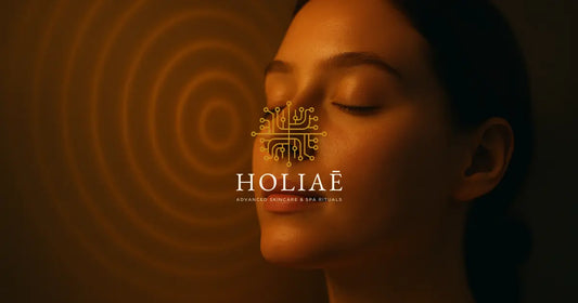 Gros plan d’un visage féminin apaisé, baigné de lumière tamisée dorée, avec des cercles lumineux diffus en arrière-plan, évoquant un soin LED dans un univers spa-tech.