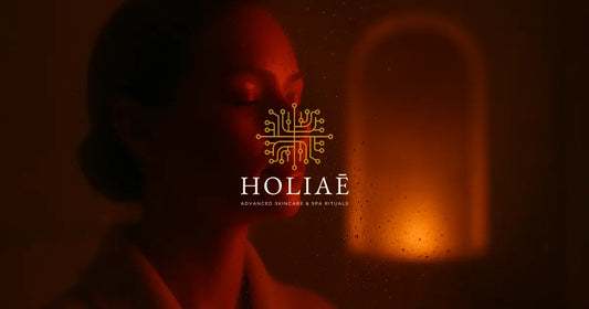 Visage féminin flouté sous lumière LED rouge vu à travers une verrière embuée, ambiance spa introspective et silencieuse.