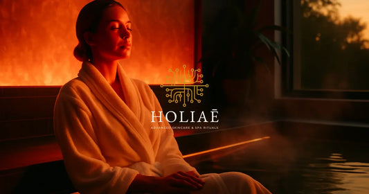 Femme en peignoir dans un spa, lumière rouge douce sur le visage, ambiance luxe et vapeur