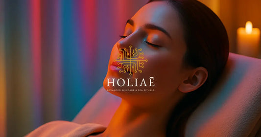Une femme jeune à la peau claire est assise dans une ambiance spa chic avec lumière tamisée et reflets subtils rouge, bleu et jaune, évoquant un soin lumière LED premium sans appareil visible.