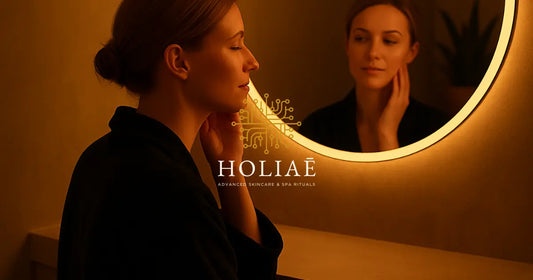 Femme dans la trentaine en peignoir noir, touchant sa joue devant un miroir lumineux dans une salle de bain spa, ambiance chaude et apaisante.