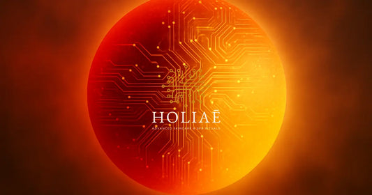 Soleil stylisé aux couleurs rouge et doré, orné de motifs de circuits imprimés, sur fond vaporeux inspiré d’un univers sensoriel tech-luxe.