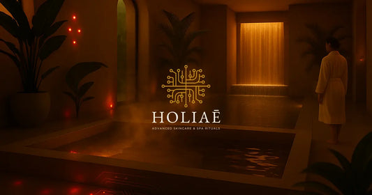 Vue immersive d’un spa futuriste Holiaē avec piscine, vapeur, lumière dorée et ambiance high-tech luxueuse.