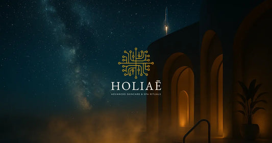 Ciel étoilé au-dessus d’un spa futuriste en extérieur, avec vapeur douce et silhouette d’une fusée en vol, ambiance nocturne inspirée de l’univers Holiaē.