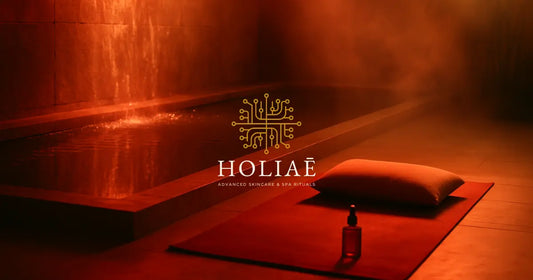 Vue immersive d’un spa Holiaē, avec bassin miroir, lumière rouge et golden, vapeur douce et flacon posé sur un tapis de soin.