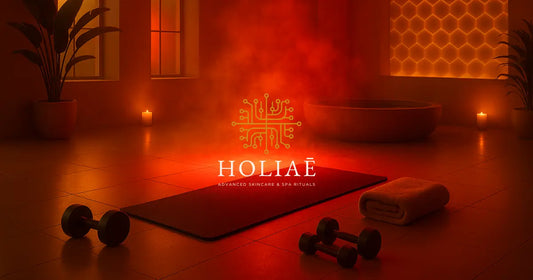 Salle de spa premium avec tapis, altères design et lumière LED rouge et dorée évoquant un rituel de récupération musculaire.