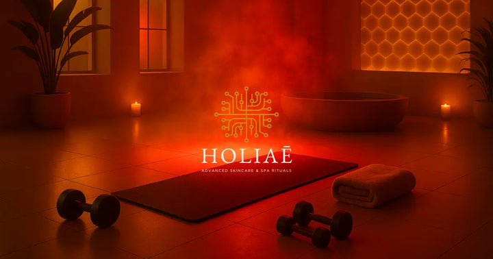 Salle de spa premium avec tapis, altères design et lumière LED rouge et dorée évoquant un rituel de récupération musculaire.