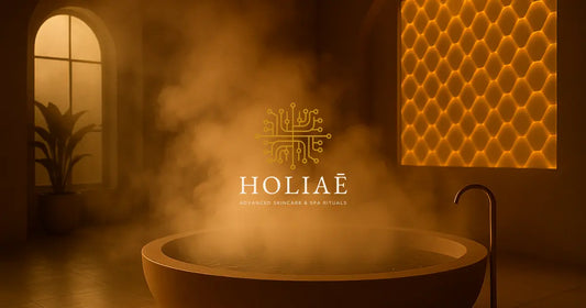 Bain de vapeur dans un spa doré, illustrant la chaleur maîtrisée du masque LED RE:GEN I