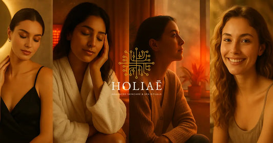 Montage horizontal de quatre femmes utilisant un masque LED dans différents contextes : éclat avant une soirée, rituel cocooning du soir, récupération post-travail et soin préventif sur peau jeune. Ambiance spa Holiaē avec lumière chaude.