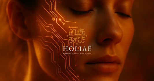 Portrait rapproché d’un visage féminin éclairé en golden hour, avec des motifs subtils de circuits imprimés lumineux intégrés à la peau, illustrant la stimulation cellulaire par lumière LED.