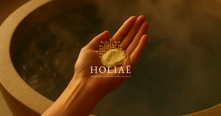 Portrait en gros plan d’une femme à la peau claire, dans une lumière dorée évoquant un spa de luxe, illustrant la sensibilité cutanée après un peeling.
