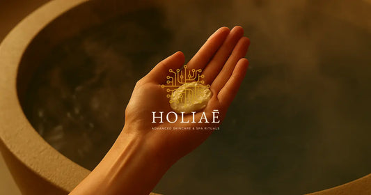 Portrait en gros plan d’une femme à la peau claire, dans une lumière dorée évoquant un spa de luxe, illustrant la sensibilité cutanée après un peeling.