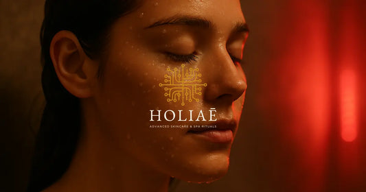 Visage de femme nettoyé avec gouttelettes d’eau, éclairé par une lumière LED rouge en arrière-plan, ambiance spa chaude et sensorielle.