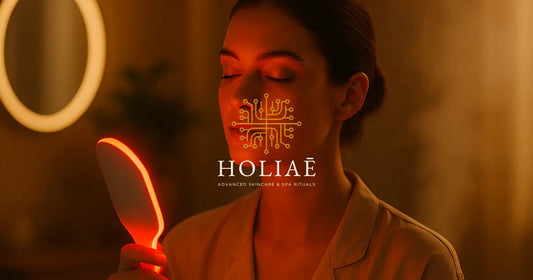 Femme dans un décor spa-luxe Holiaē, baignée d’une lumière LED rouge douce, ambiance golden hour, vapeur légère, miroir rétroéclairé en arrière-plan.