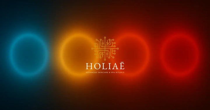 Dégradé horizontal illustrant les 4 longueurs d’onde LED — bleu, jaune, rouge et infrarouge — dans une ambiance tech-luxe inspirée de l’univers Holiaē