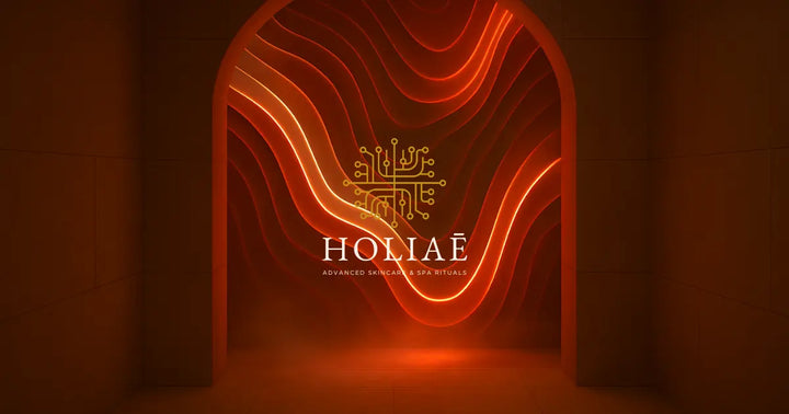Alcôve spa lumineuse avec reliefs organiques sculptés et lignes LED rouges évoquant la stimulation musculaire et cellulaire