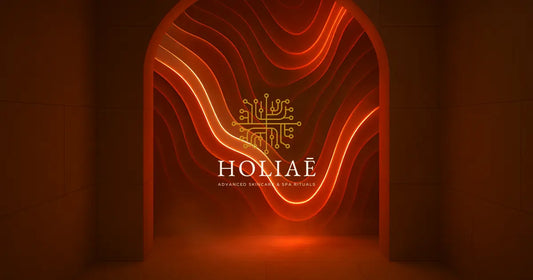 Alcôve spa lumineuse avec reliefs organiques sculptés et lignes LED rouges évoquant la stimulation musculaire et cellulaire