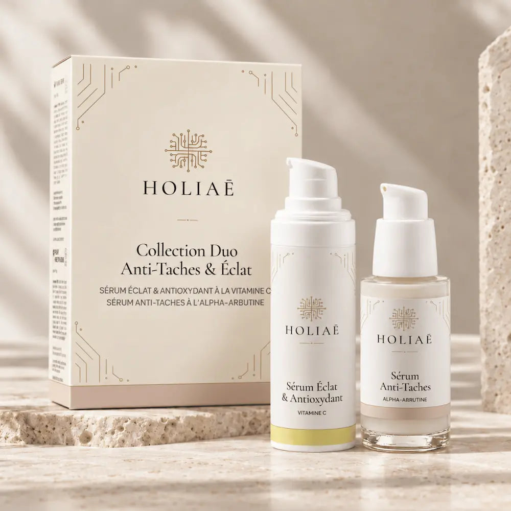 Coffret Anti-Taches Essentiels HOLIAĒ avec sérum à l’alpha-arbutine et sérum vitamine C
