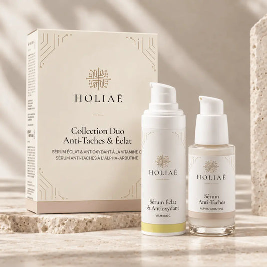 Coffret Anti-Taches Essentiels HOLIAĒ avec sérum à l’alpha-arbutine et sérum vitamine C