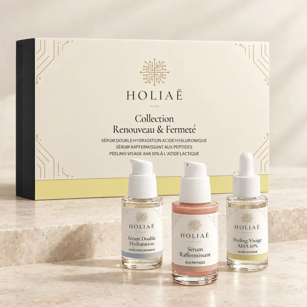 Coffret Peau Mature Renouveau et Fermeté HOLIAĒ avec sérum hydratant, sérum aux peptides et peeling AHA
