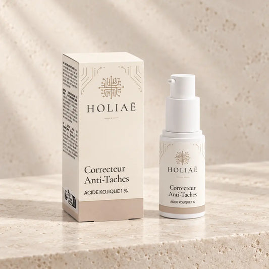 Correcteur Anti-Taches à l’Acide Kojique 1 % HOLIAĒ avec flacon et étui sur fond ivoire