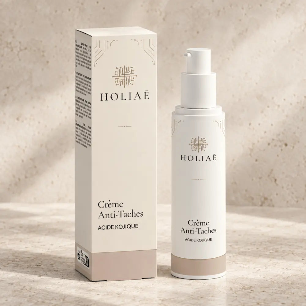 Crème Anti-Taches à l’Acide Kojique HOLIAĒ avec pot et étui sur fond ivoire