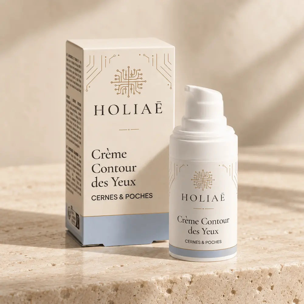 Crème Contour des Yeux Anti-Cernes & Poches HOLIAĒ avec produit et étui sur fond ivoire