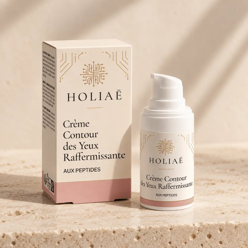 Crème Contour des Yeux Raffermissante aux Peptides HOLIAĒ avec pot et étui sur fond ivoire