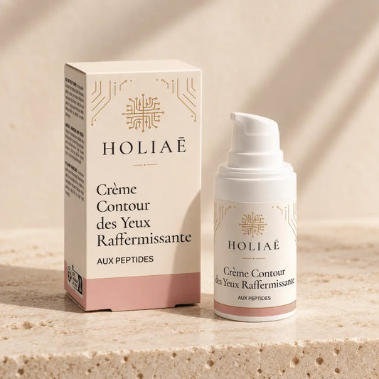 Crème Contour des Yeux Raffermissante aux Peptides HOLIAĒ avec pot et étui sur fond ivoire