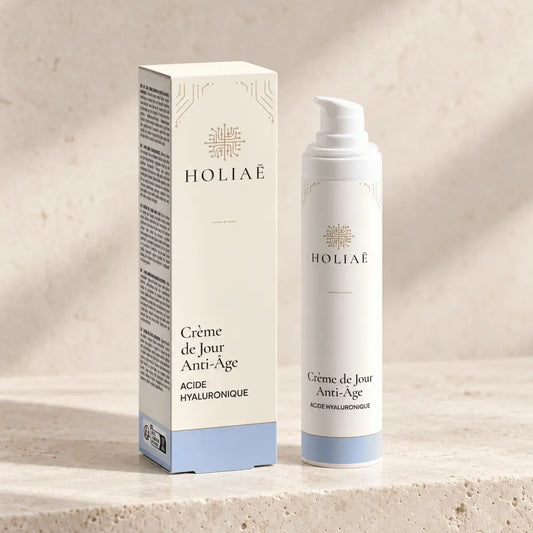 Crème de Jour Anti-Âge à l’Acide Hyaluronique HOLIAĒ avec pot et étui sur fond ivoire
