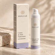Crème de Nuit Visage aux Céramides HOLIAĒ avec pot et étui sur fond ivoire