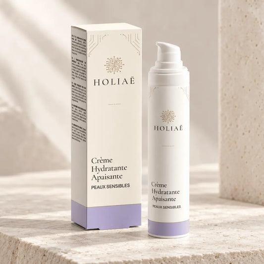 Crème Hydratante Apaisante Peaux Sensibles HOLIAĒ avec pot et étui sur fond ivoire