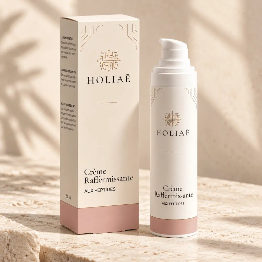Crème Raffermissante aux Peptides HOLIAĒ avec pot et étui sur fond ivoire
