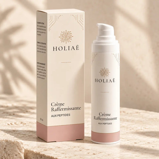 Crème Raffermissante aux Peptides HOLIAĒ avec pot et étui sur fond ivoire