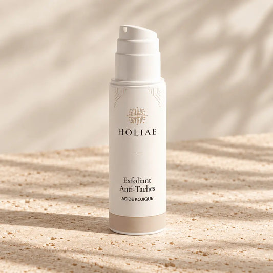 Exfoliant Anti-Taches à l’Acide Kojique HOLIAĒ avec tube et étui sur fond ivoire