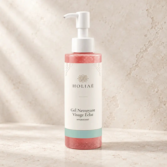 Gel Nettoyant Visage Hydratant & Éclat HOLIAĒ présenté en packshot premium sur fond ivoire