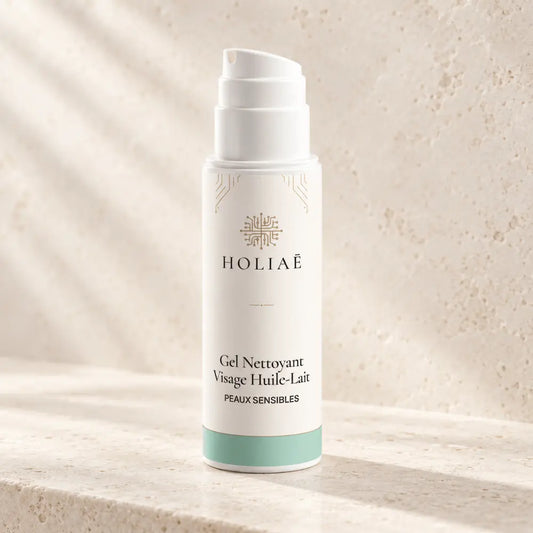 Gel Nettoyant Visage Peaux Sensibles Huile-Lait HOLIAĒ présenté en packshot premium sur fond ivoire