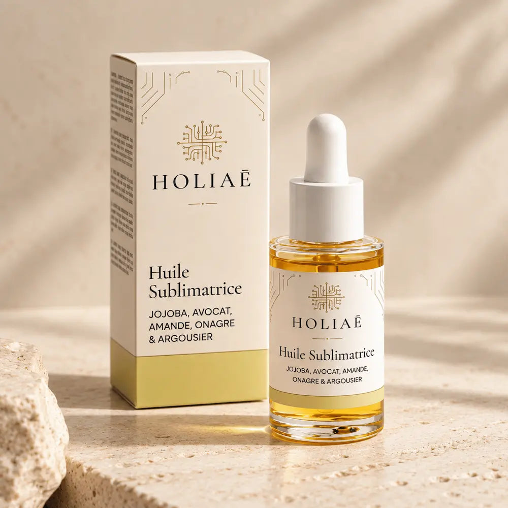 Huile Visage Hydratante & Sublimatrice HOLIAĒ présentée en packshot premium sur fond ivoire