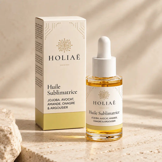 Huile Visage Hydratante & Sublimatrice HOLIAĒ présentée en packshot premium sur fond ivoire