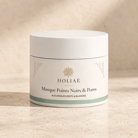 Masque Visage aux Argiles Verte & Blanche HOLIAĒ présenté en packshot premium sur fond ivoire