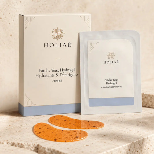 Patchs Yeux Hydrogel Défatigants HOLIAĒ avec packaging sur fond ivoire