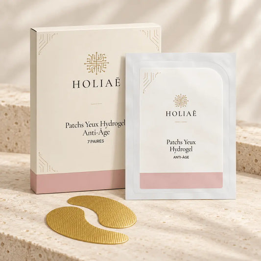 Patchs Yeux Hydrogel Hydratants & Lissants HOLIAĒ avec packaging sur fond ivoire