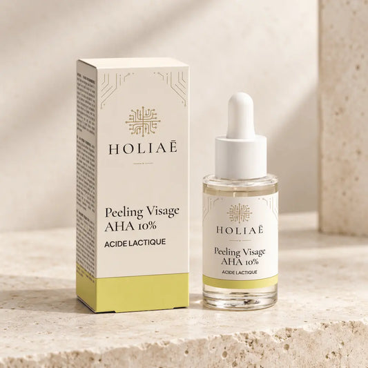 Peeling Visage AHA 10% à l’Acide Lactique HOLIAĒ présenté en packshot premium sur fond ivoire