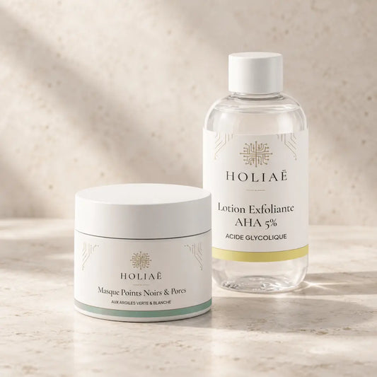 Routine Duo Anti-Imperfections HOLIAĒ avec lotion AHA 5 % et masque aux argiles verte et blanche