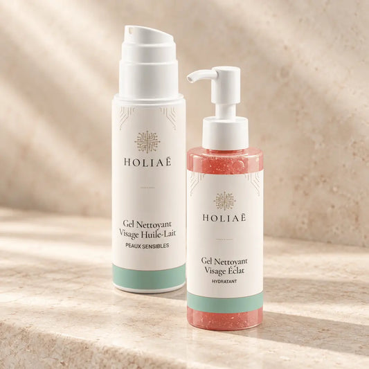 Routine Duo Double Nettoyage Visage HOLIAĒ avec nettoyant huile-lait et gel nettoyant hydratant