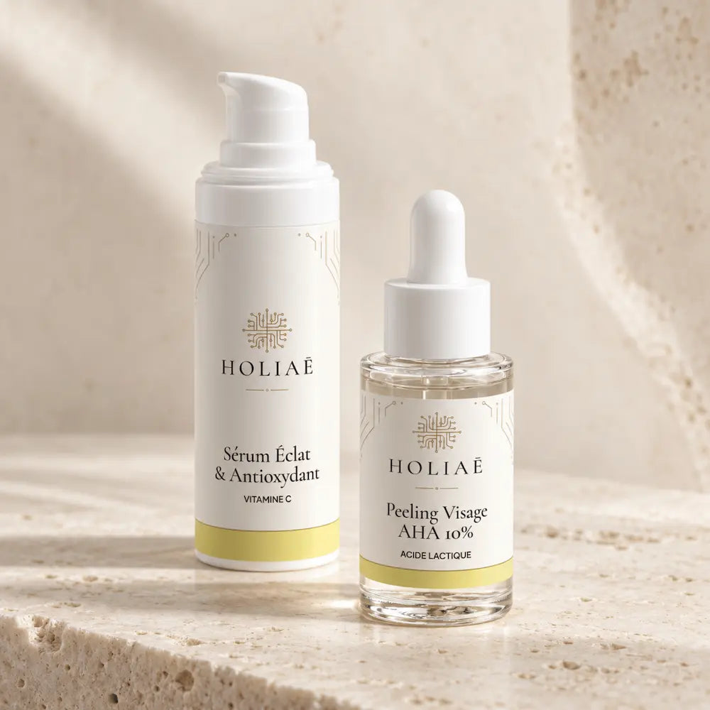 Routine Duo Vitamine C et Éclat HOLIAĒ avec sérum Vitamine C et peeling AHA 10 % à l’acide lactique